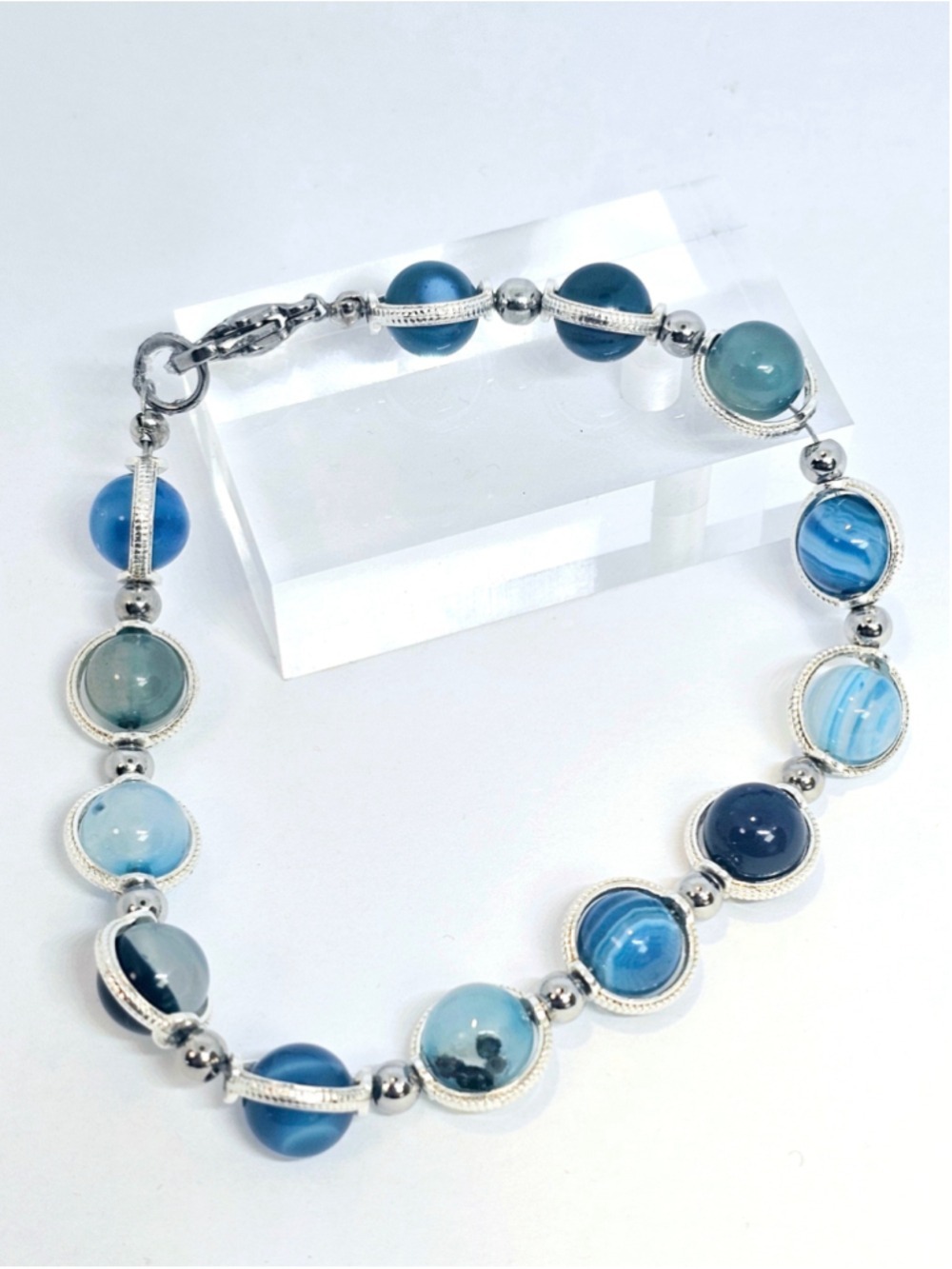 Kinetic Blue Lace Agate Bracelet | Handmade Articulated Gemstone Bracelet | 7.5|